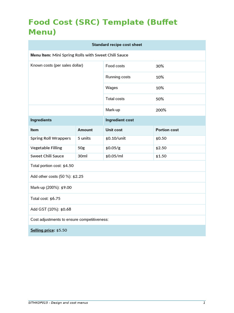 Buffet Menu Costing Template | PDF | Menu | Cooking