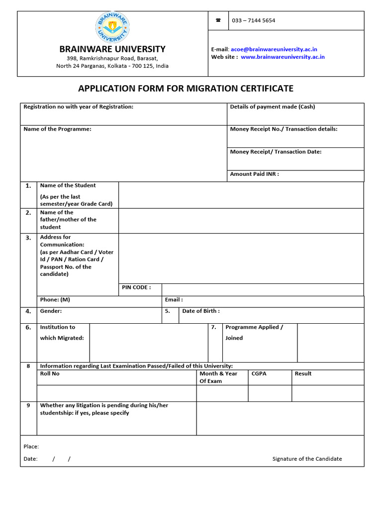 Migration Certificate Application Form | PDF