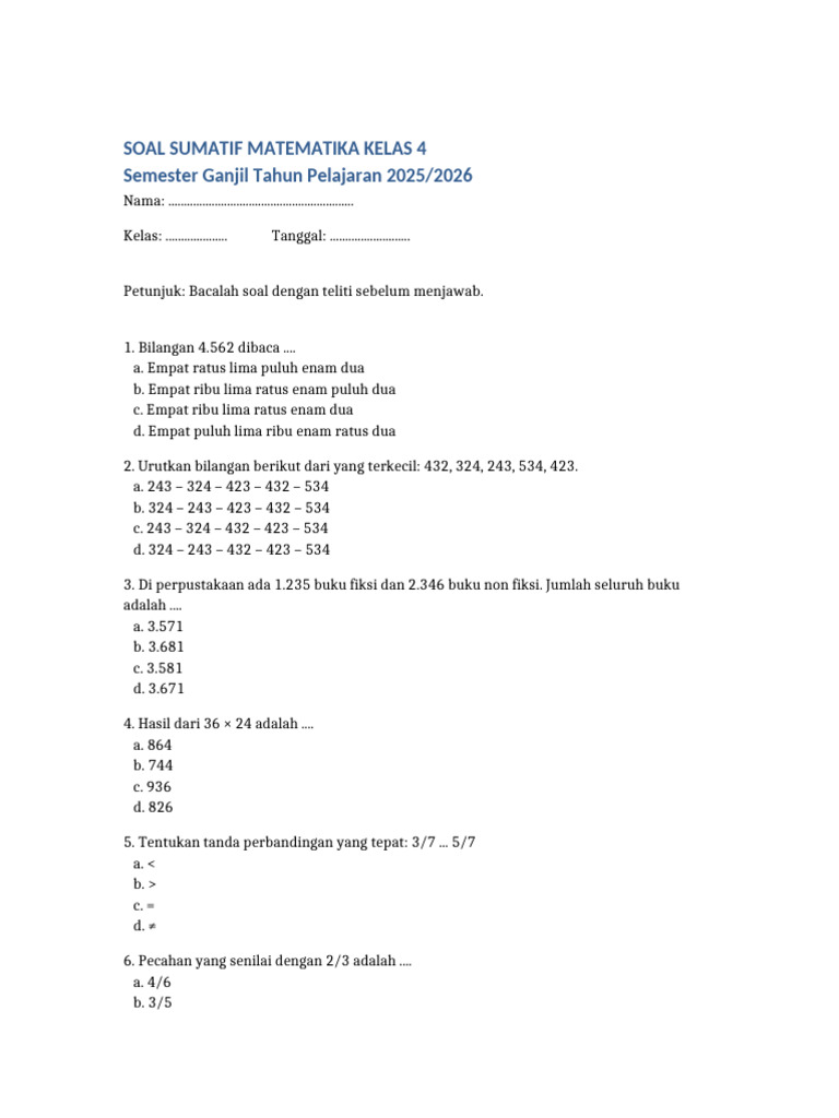 Soal Sumatif Matematika Kelas 4 | PDF