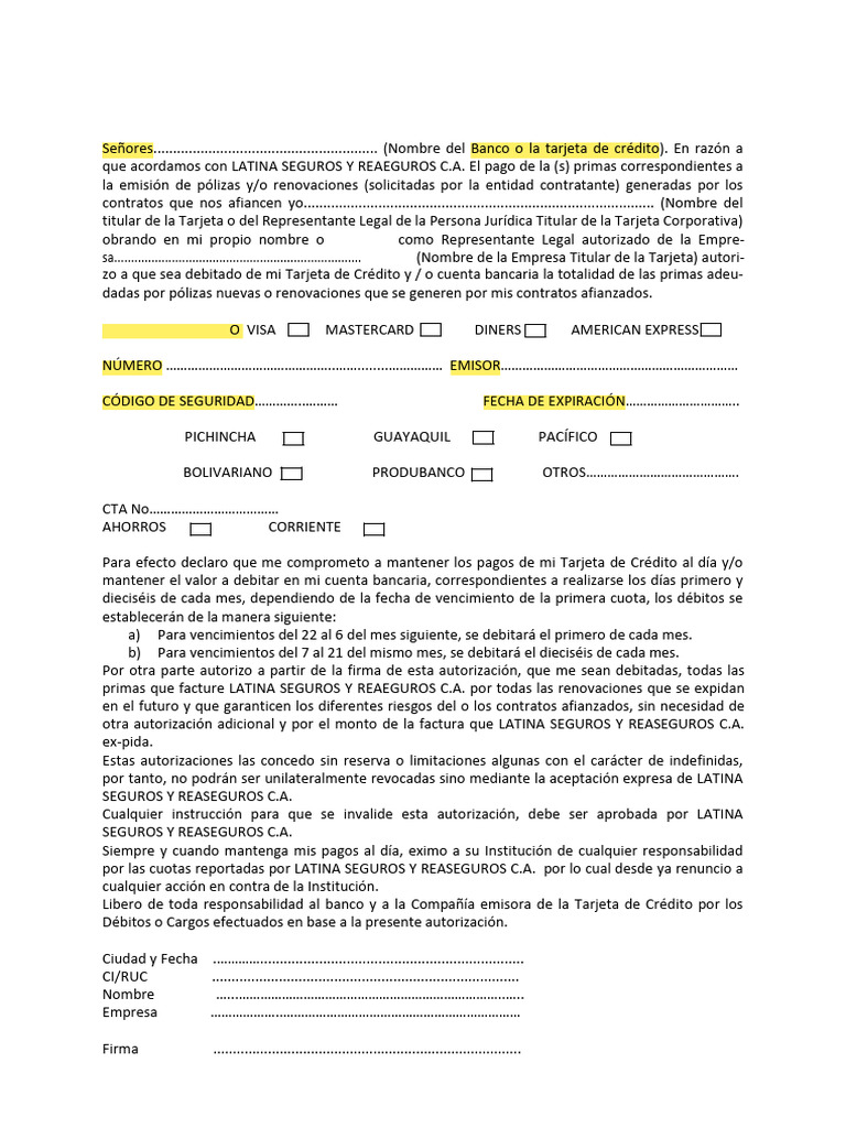 Autorización de Débitos para Seguros | PDF | Tarjeta de crédito | Reaseguro