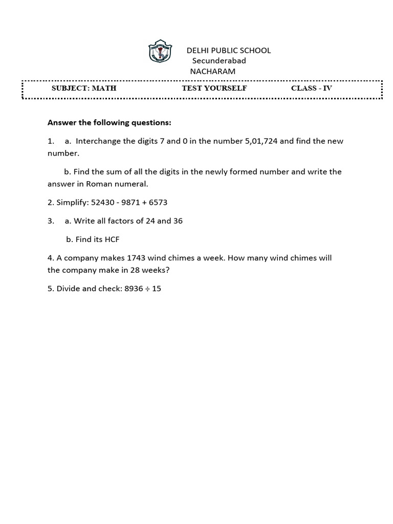 Math Practice Questions for Class IV | PDF