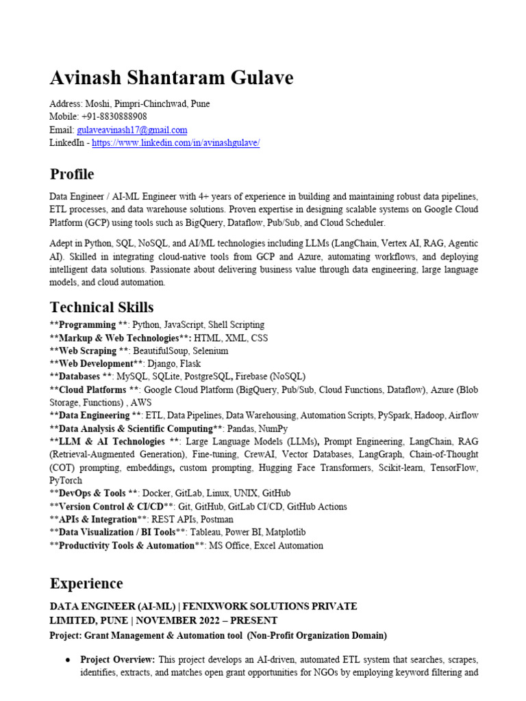 Data Engineer & AI-ML Specialist Profile | PDF | Databases | Cloud ...