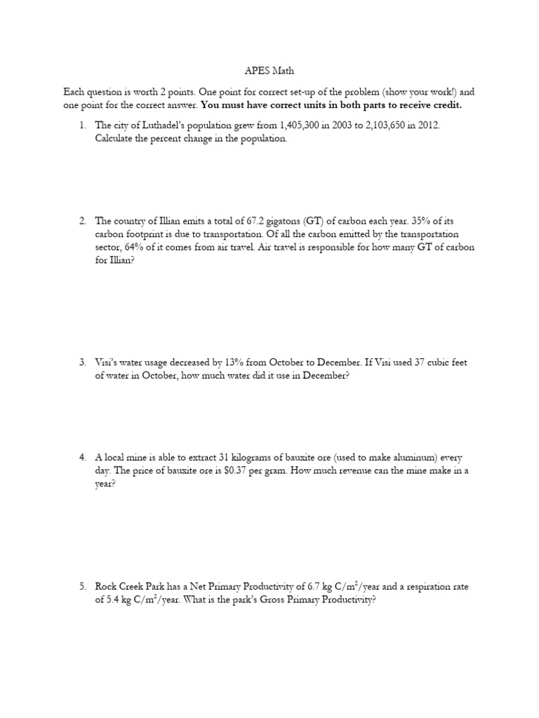 APES Math Problems and Solutions | PDF