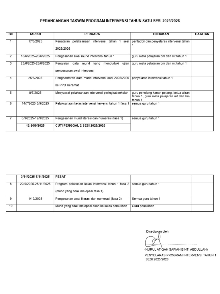 Perancangan Takwim Program Intervensi Tahun Satu Sesi 2025 Ada Tarikh | PDF