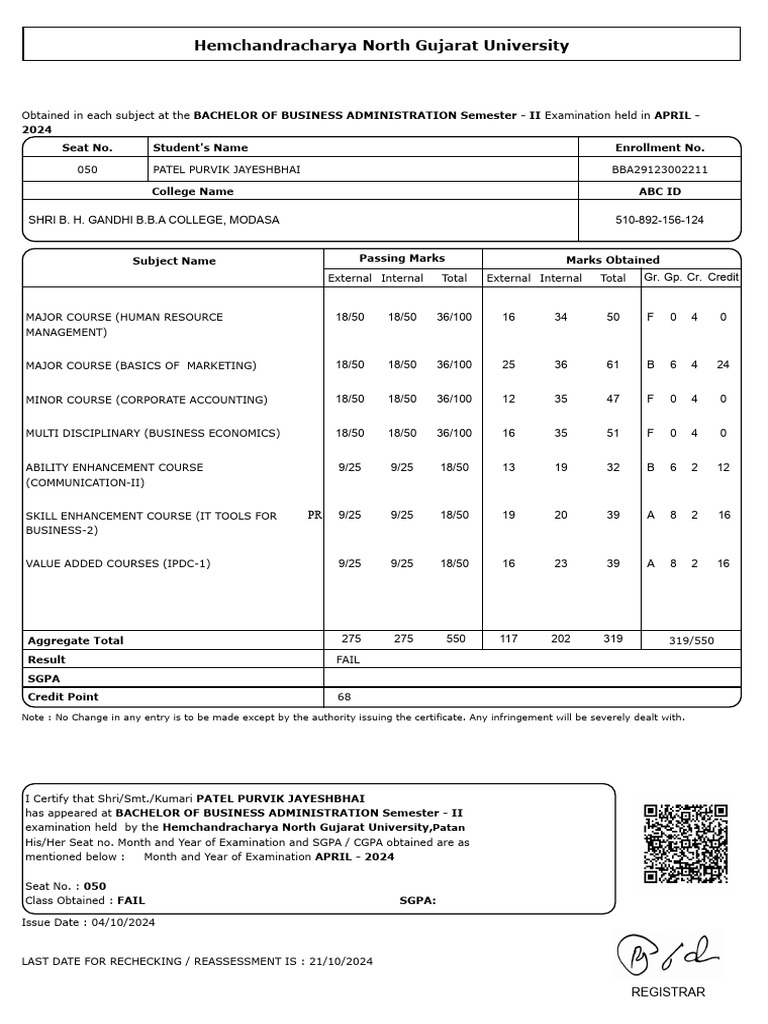 BBA Semester II Provisional Marksheet 2024 | PDF