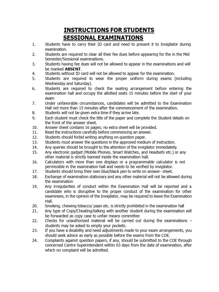 Sessional Exam Guidelines for Students | PDF