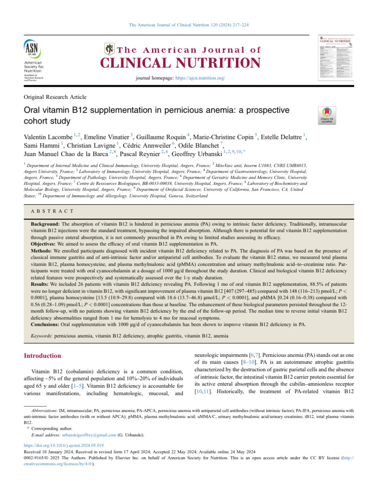 Oral Vitamin B12 Supplementation in Pernicious Ane | PDF | Vitamin B12 ...