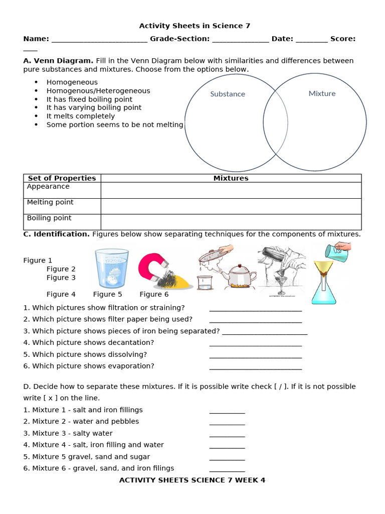Science 7: Substances and Mixtures Activities | PDF | Mixture | Filtration