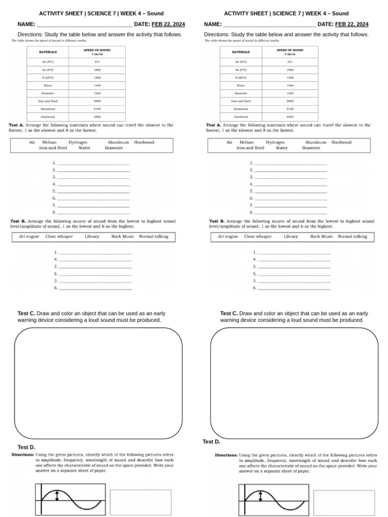 Science 7 Week 4 Sound Activity Sheet | PDF