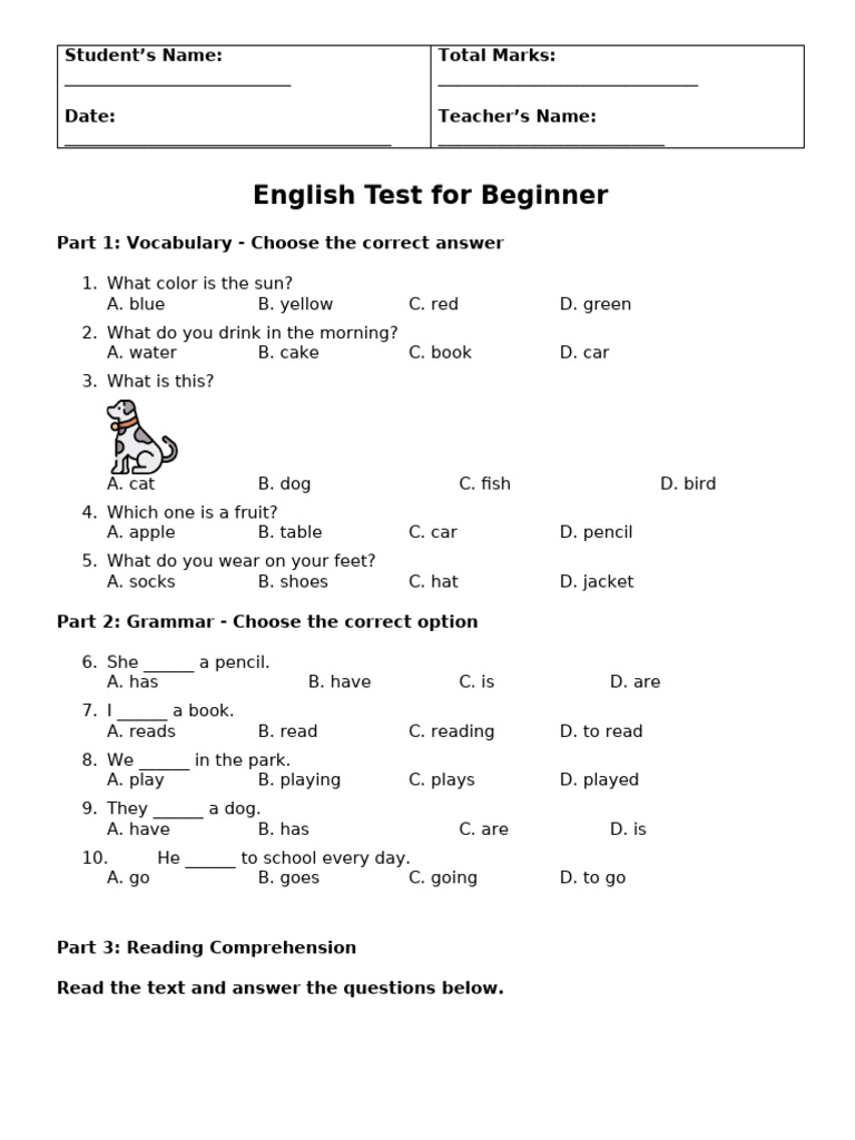 Beginner English Test: Vocabulary & Grammar | PDF | Chess Openings | Chess