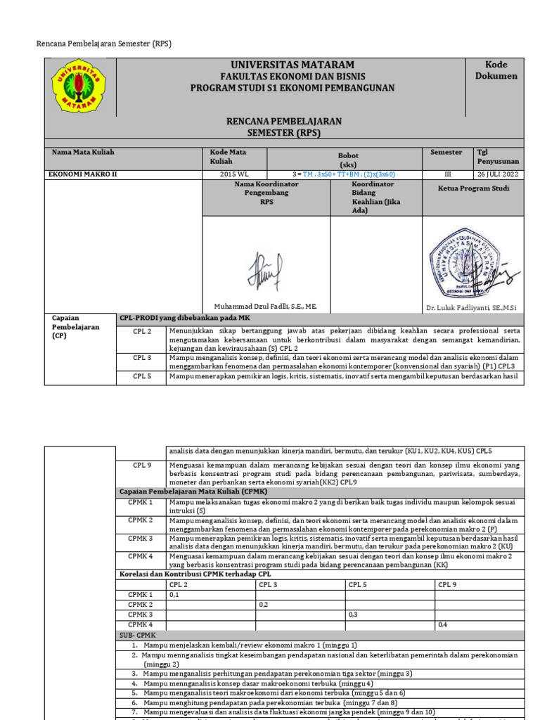 RPS Ekonomi Makro II Universitas Mataram | PDF