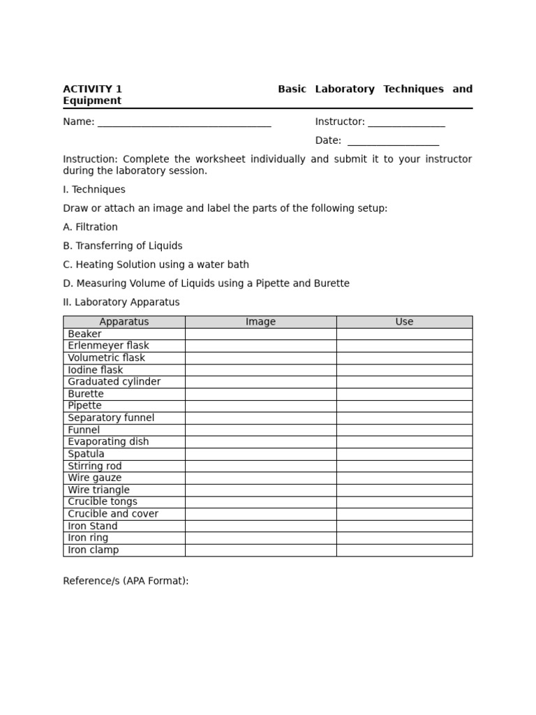 Basic Laboratory Techniques Worksheet | PDF