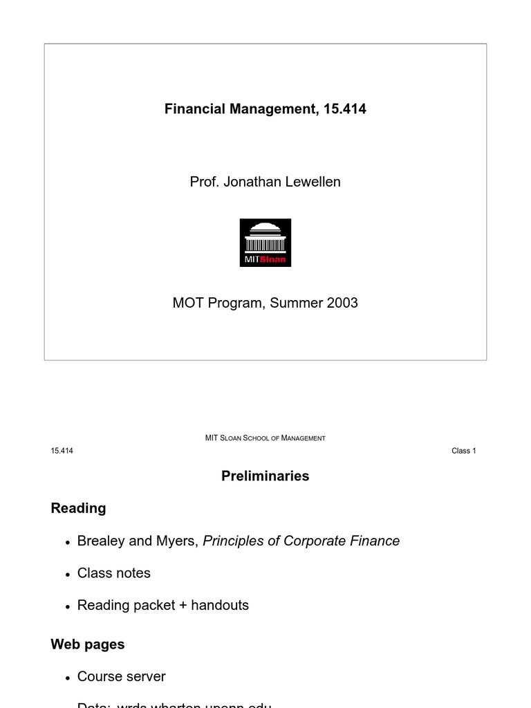 Financial Management, 15.414 Prof. Jonathan Lewellen PDF