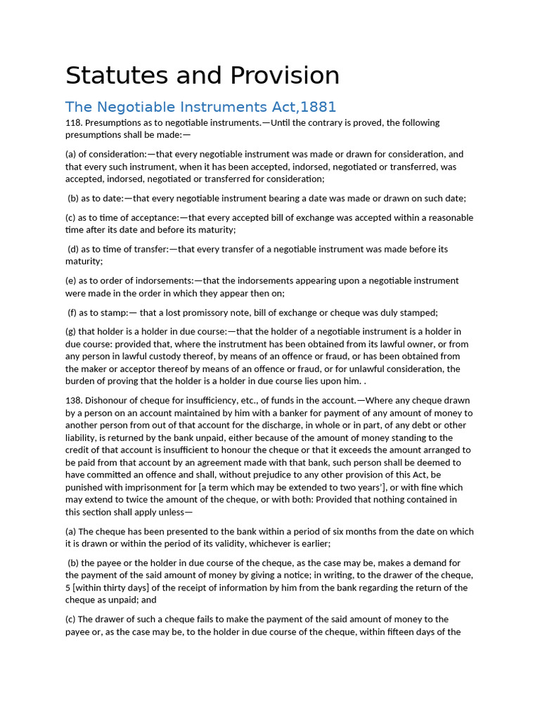 Statutes and Provision | PDF | Negotiable Instrument | Cheque