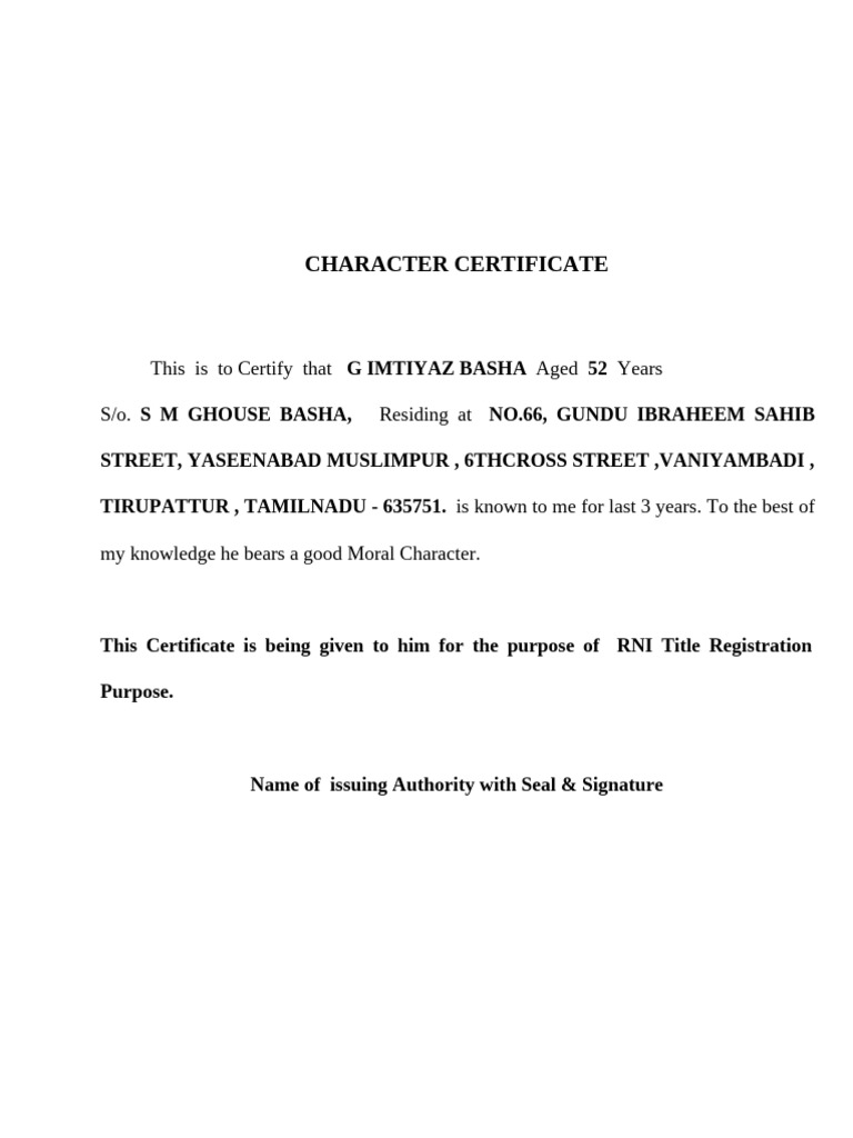 Character Certificate for RNI Registration | PDF