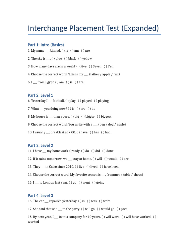Interchange Placement Test Overview | PDF
