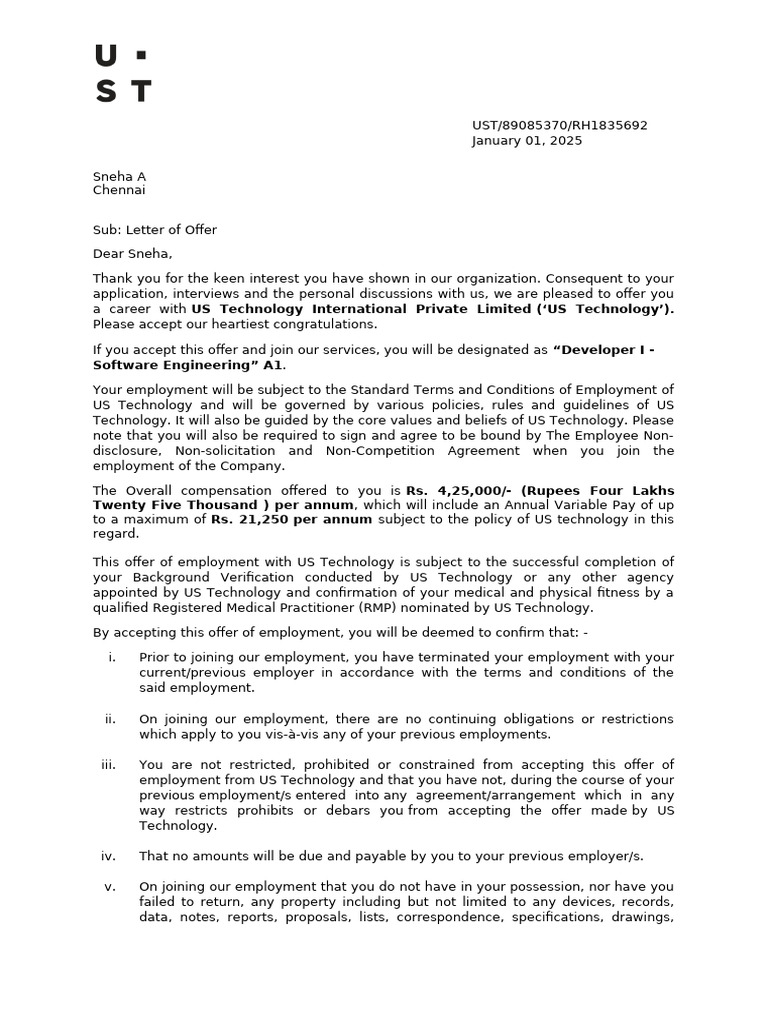 UST Global Offer Letter for Developer I | PDF | Trousers | Shirt