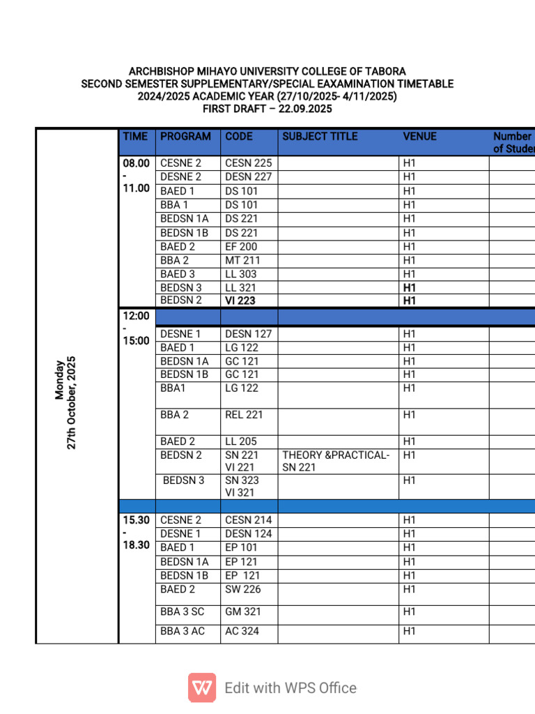 Tabora University Exam Timetable 2025 | PDF