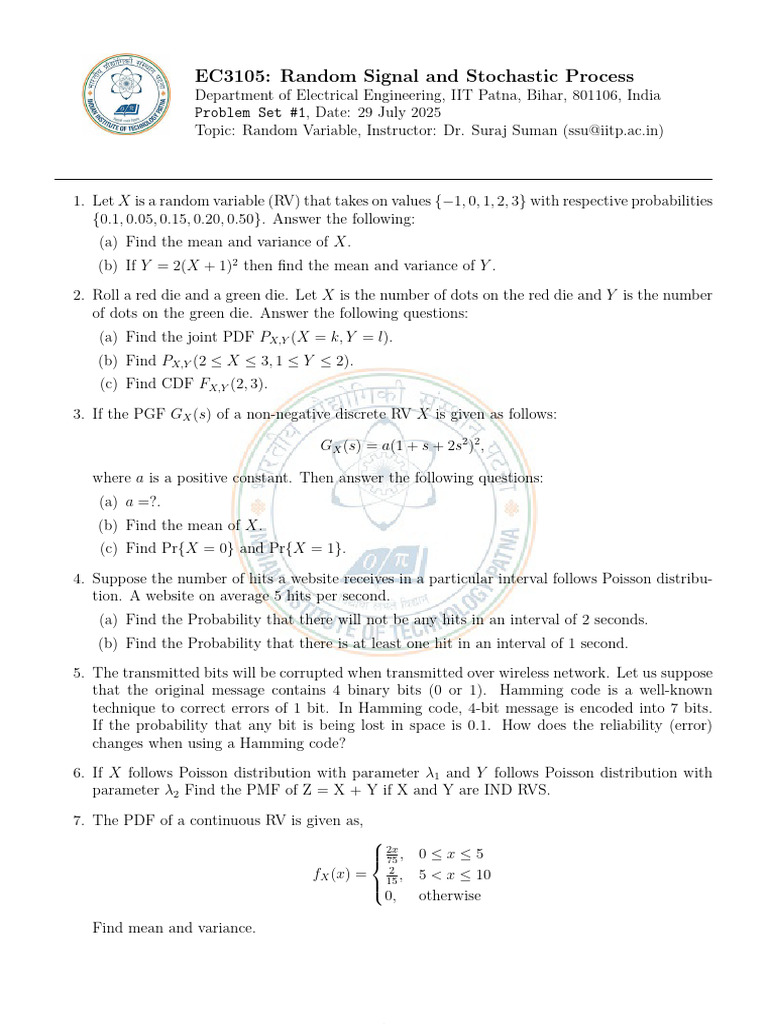 Random Signal and Stochastic Process Problems | PDF | Probability ...