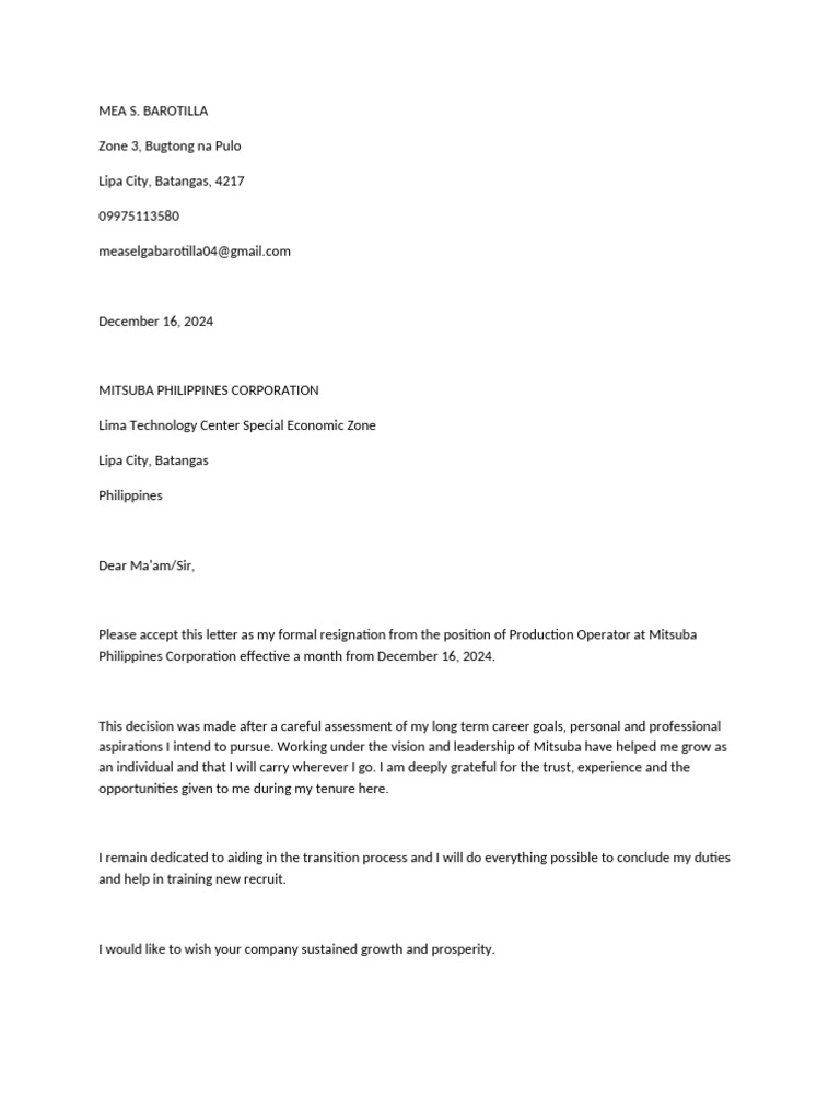 Resignation Letter from Production Operator | PDF