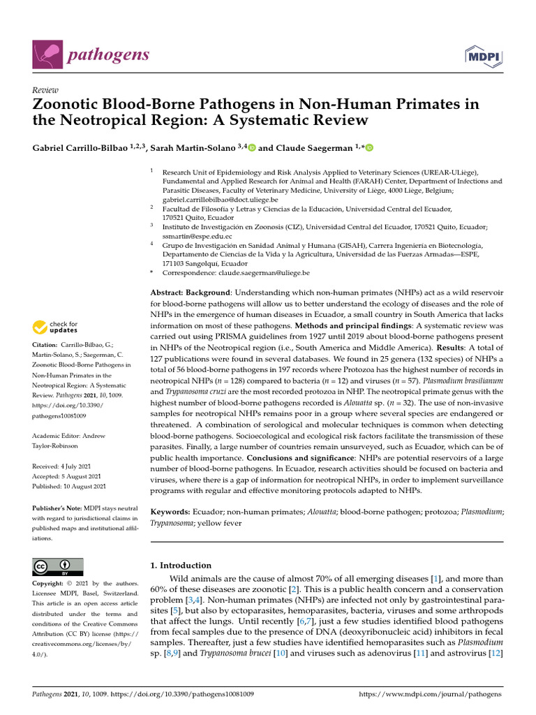 Zoonotic Blood Pathogens in Neotropical Primates | PDF | Parasitism ...