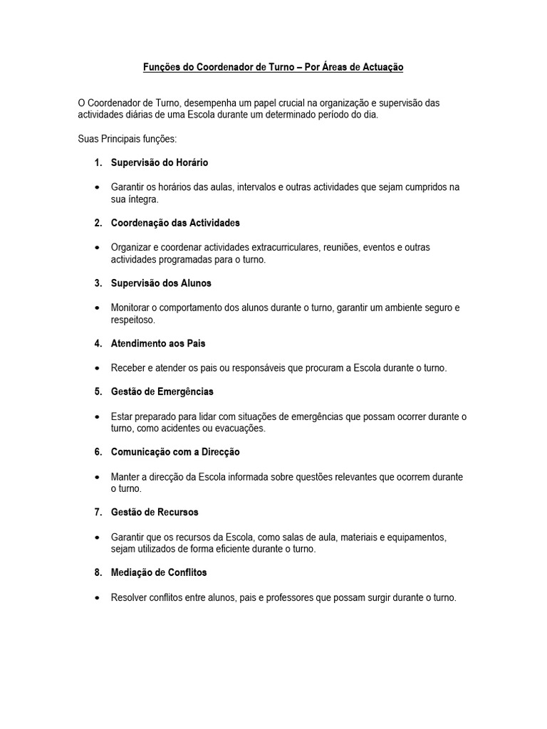Funções do Coordenador de Turno Escolar | PDF