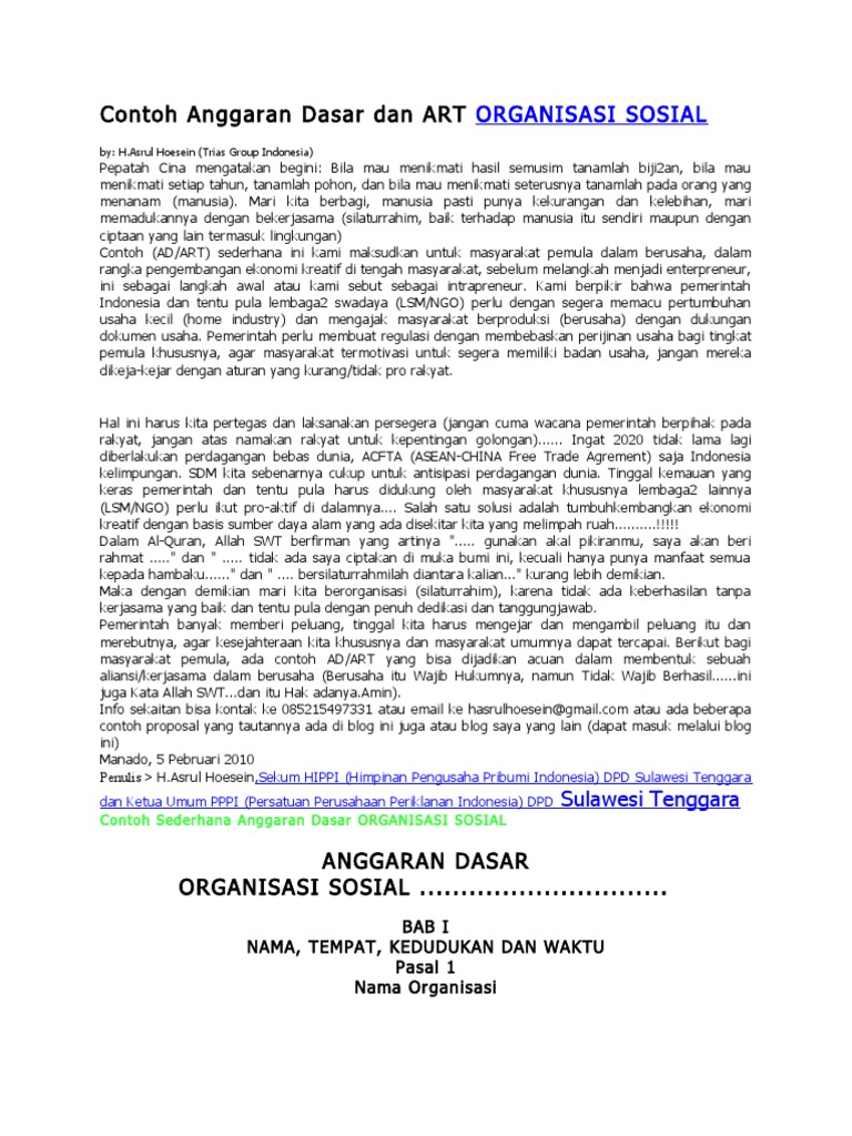 Contoh Anggaran Dasar Dan Art Organisasi Sosial