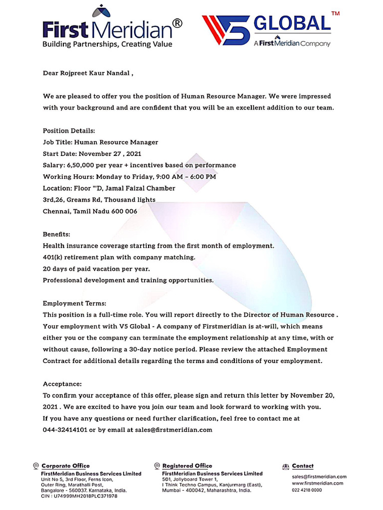 First Meridian Offer Letter | PDF