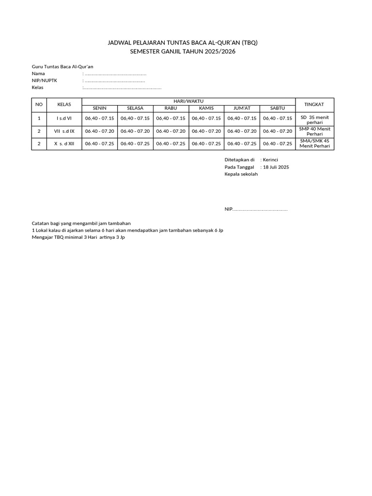Jadwal TBQ Semester Ganjil 2025/2026 | PDF