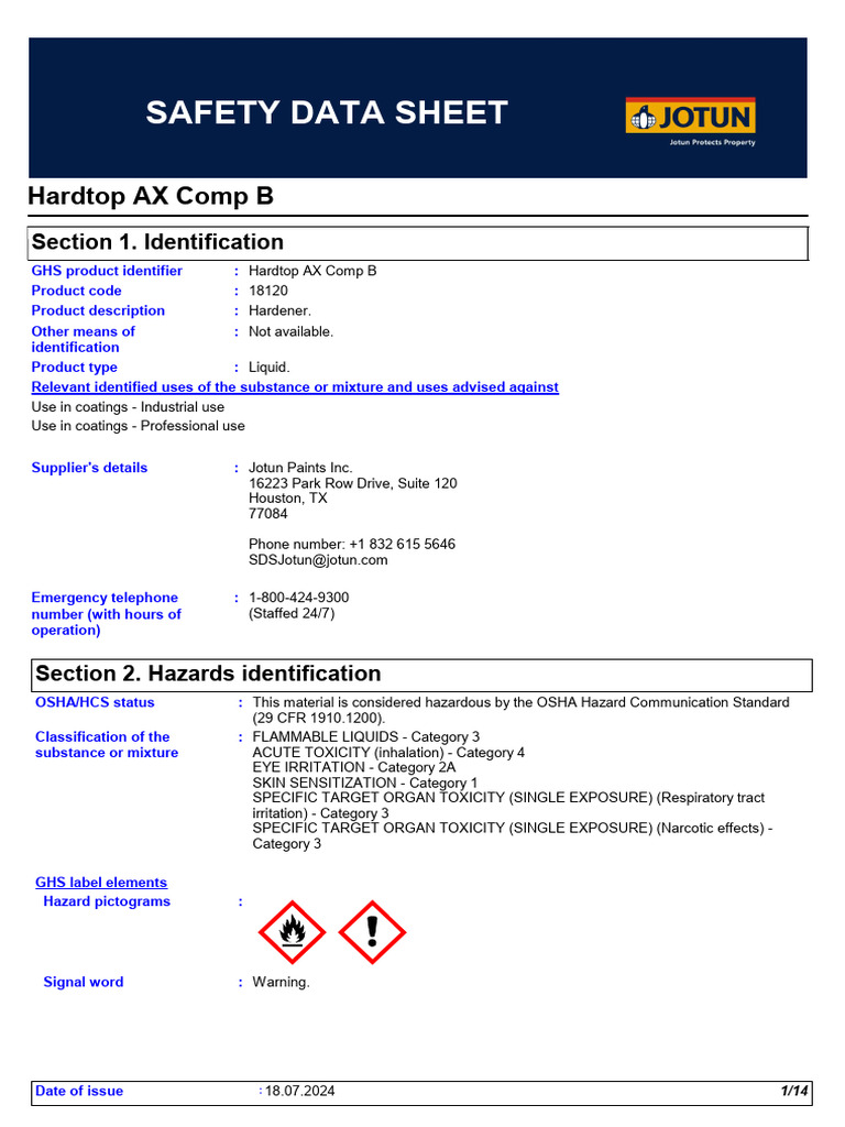 Hardtop AX Comp B Safety Data Sheet | PDF | Dangerous Goods | Toxicity