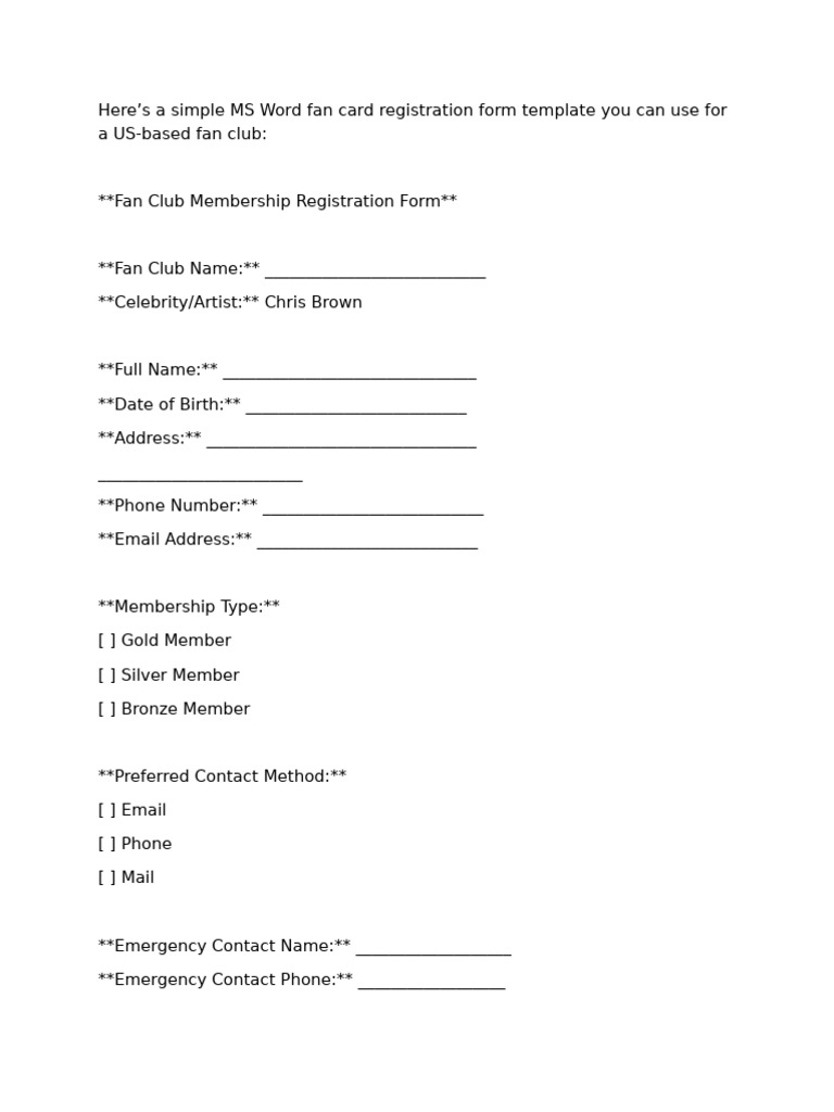 Fan Club Membership Registration Template | PDF