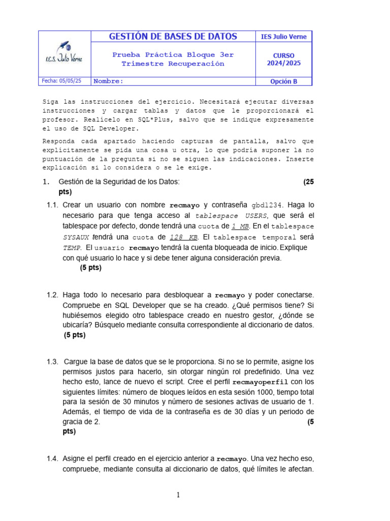 Prueba Práctica de Gestión de Bases de Datos | PDF | SQL | Bases de datos