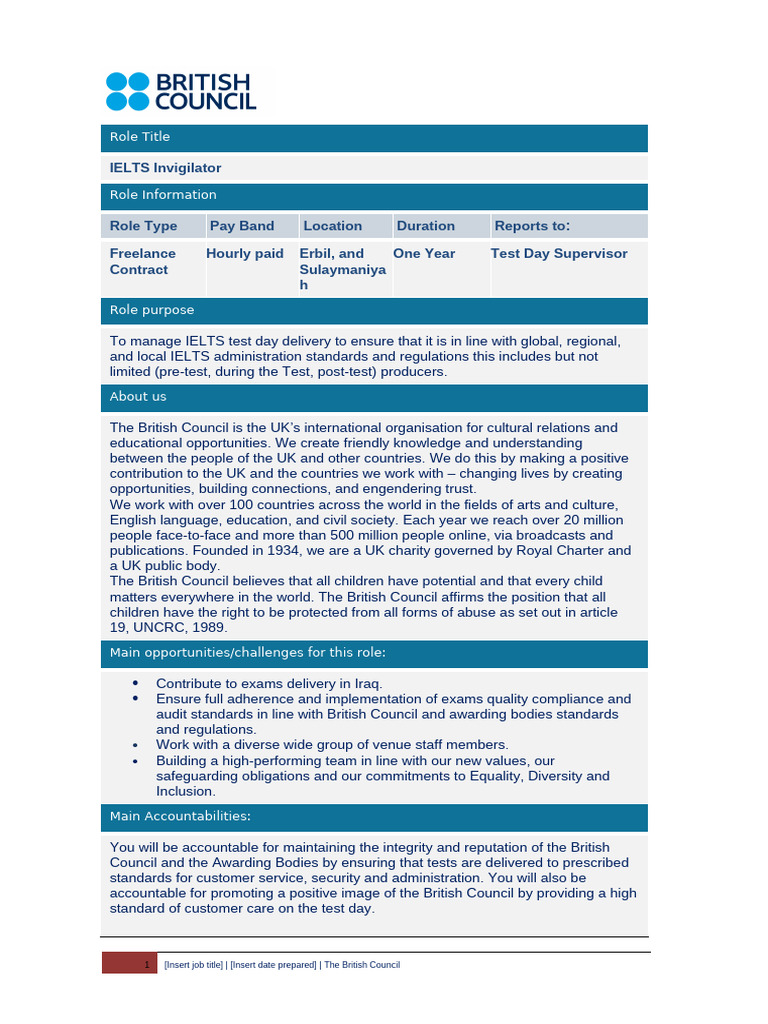 IELTS Invigilator Role in Iraq | PDF
