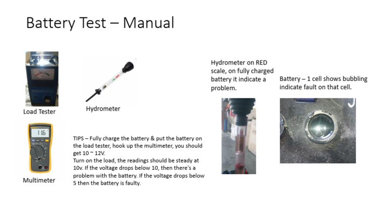 Battery Testing Guide: Load, Hydrometer, Multimeter | PDF