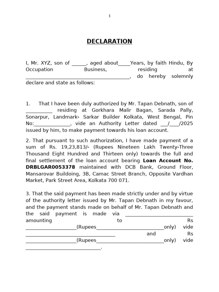 Loan Settlement Declaration Document | PDF