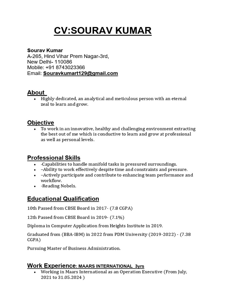 Sourav Kumar's Professional CV | PDF | Business | Communication
