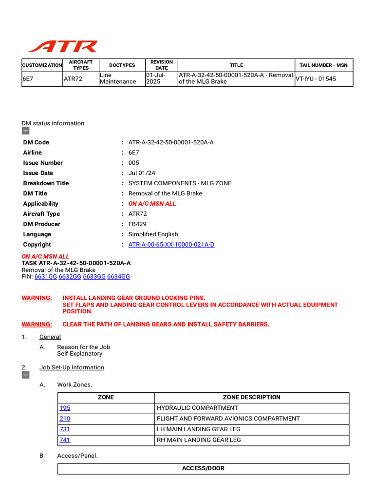 ATR72 MLG Brake Removal Procedure | PDF | Landing Gear | Aviation
