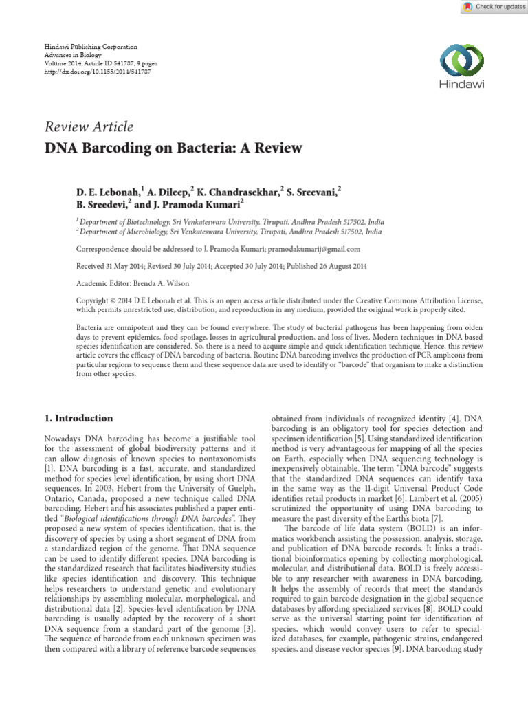 Advances in Biology - 2014 - Lebonah - DNA Barcoding On Bacteria A ...