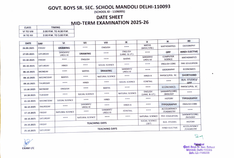 Mid-Term Exam Date Sheet 2025-26 | PDF | Inquiry | Science