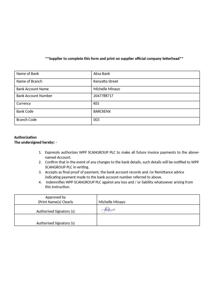 Supplier Bank Account Authorization Form | PDF