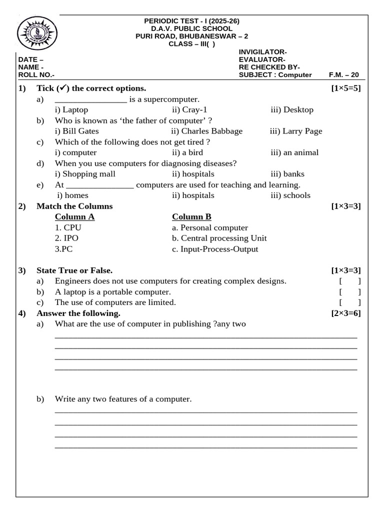 Class III to VIII Computer Test Papers | PDF | Computer Network ...