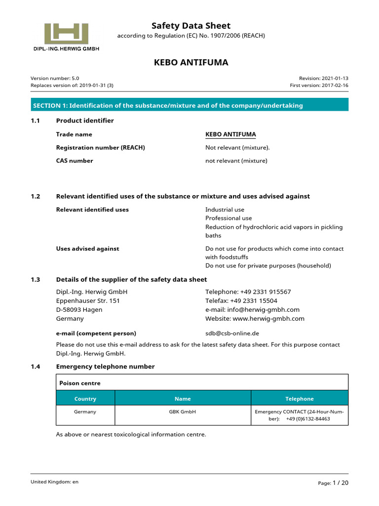KEBO ANTIFUMA Safety Data Sheet | PDF | Toxicity | Chemistry
