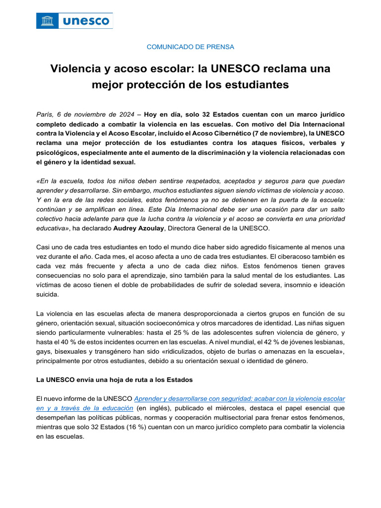 Violencia y Acoso Escolar La UNESCO Reclama Una Mejor Protección de Los ...