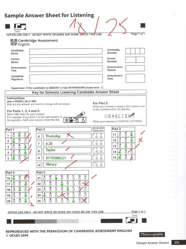 Listening Answer Sheet KET5 (1) Test5 - Tuan | PDF