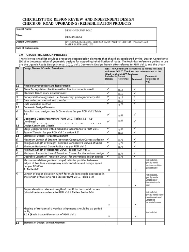 Road Design Checklist for Mpigi District | PDF | Intersection (Road) | Road