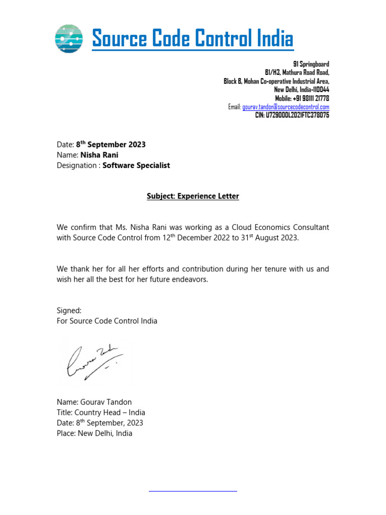 Experience Letter for Nisha Rani | PDF