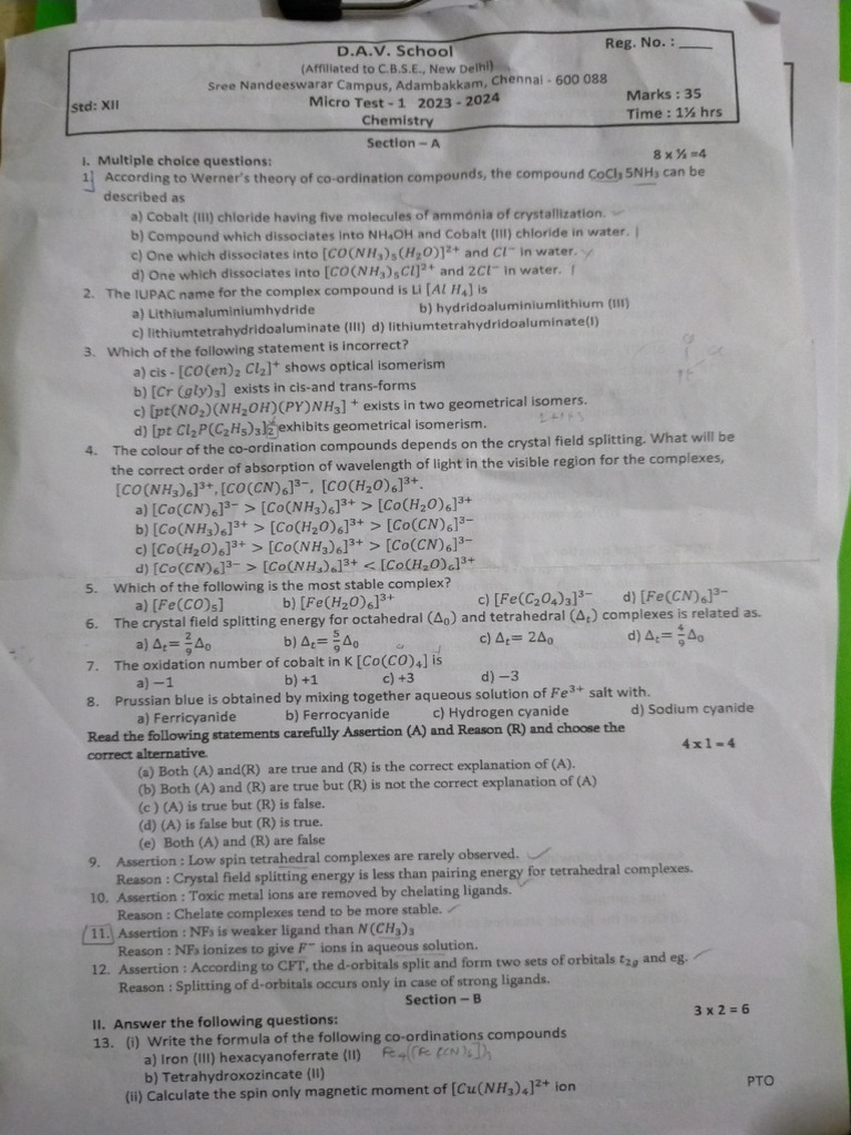 Chemistry Micro Test 2023-2024 | PDF | Coordination Complex | Physical ...