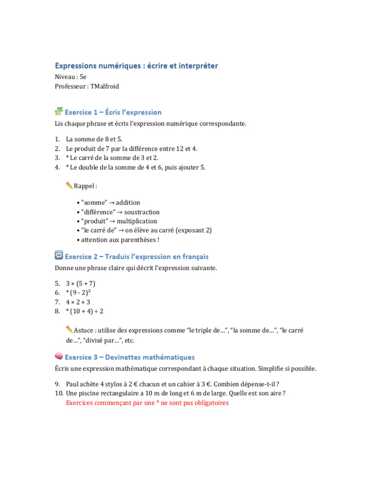 Expressions numériques en 5e : exercices pratiques | PDF