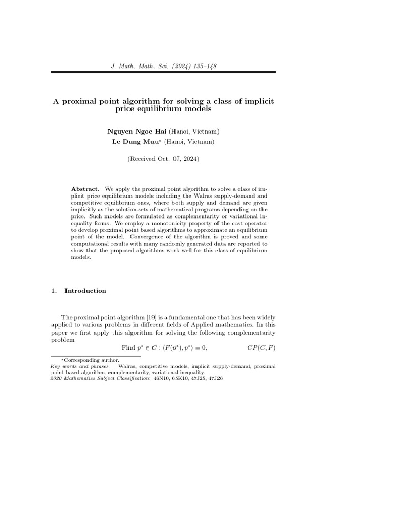 Proximal Point Algorithm for Price Equilibrium | PDF | Inequality ...