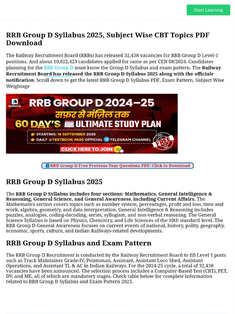 RRB Group D Syllabus 2025, Subject Wise CBT Topics PDF Download | PDF